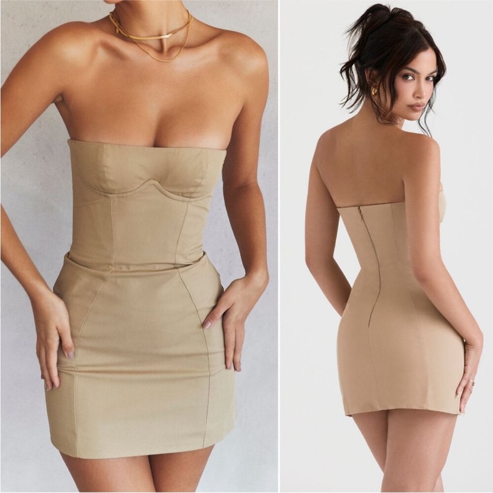 House of CB Elissa Stone Tan Strapless Bodycon Mini Dress. Size S